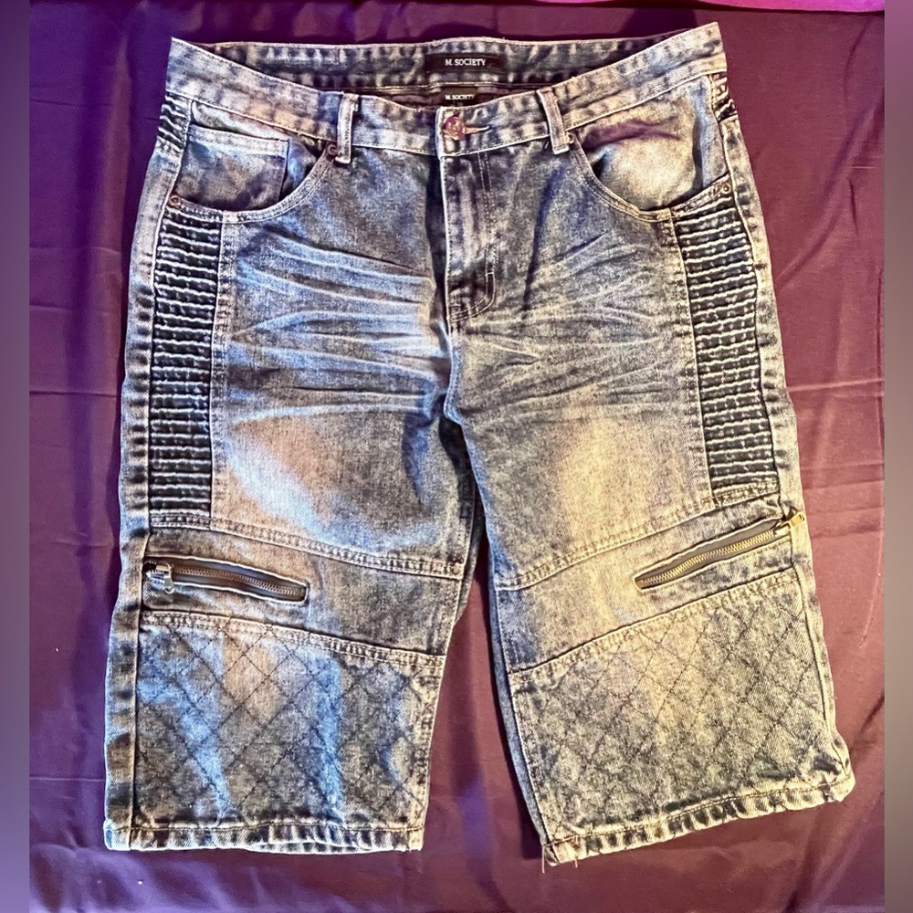 M. Society Fancy Distressed Blue Jean Shorts for Men